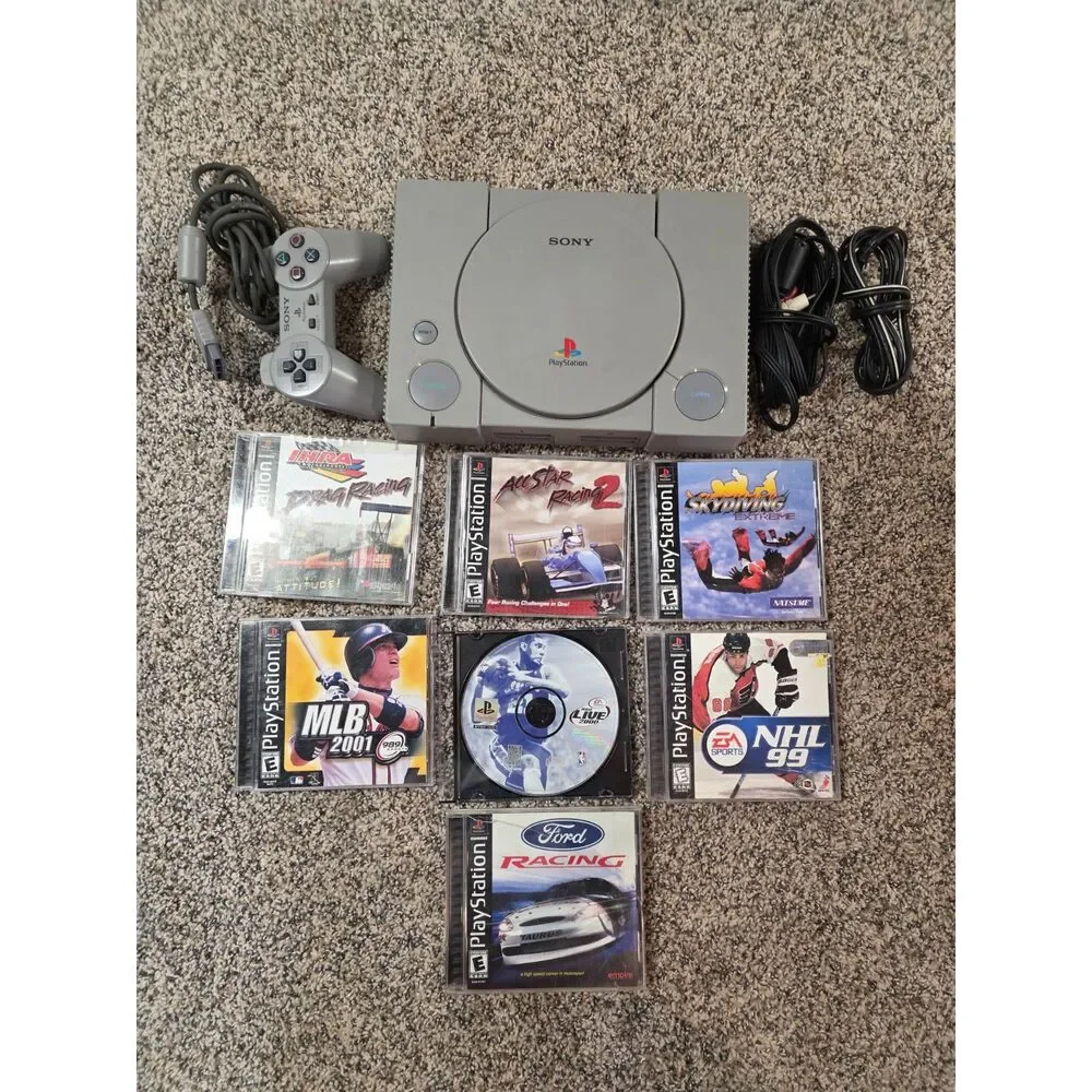 Original Sony PlayStation PS1 Console Bundle w/ Controller, Cables & 7 Games - T
